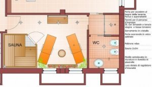 Progetto della sauna con gli arredi